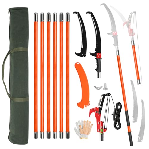 Outvita Manual Pole Saw, 26 Feet Extendable Tree Pruner with Knives and Storage Pocket, Sharp Steel Blade and Scissors High Branches Trimming for Pruning Palms and Shrubs（Orange） - color: Orange, size: 26 feet
