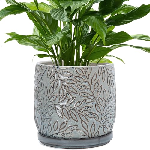 D'vine Dev Embossed Leaves Ceramic Planter, 8 in, Graphite Blue, 27-A-Q-9 - color: Graphite Blue, size: 8 Inch