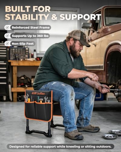 KVR Garden Kneeler and Seat with 2 Tool Pouches, Heavy Duty Foldable Gardening Stool, Portable Bench with Thick EVA Foam for Knee Support, Gifts for Seniors, Black/Orange