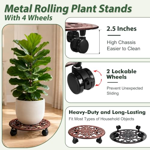 1 Pack 14 In Rolling Plant Stand with Wheels Metal Plant Caddy with Wheels - color: Antique Bronze, size: 14 inch: 1 pcs