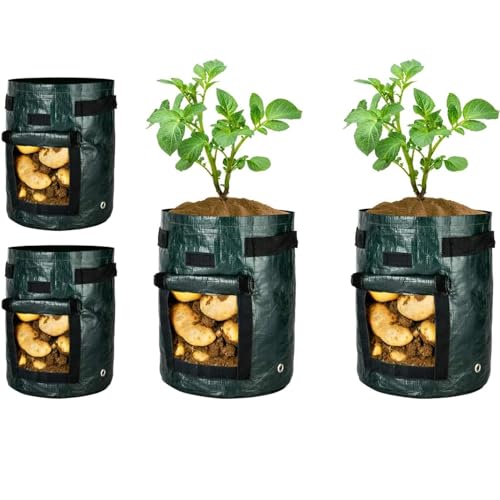 iPower 4 Pack 10 Gallon Potato PE Grow Bags with Flap, Garden Planting Nonwoven Fabric Pots with Reinforced Handle, Heavy Duty and Aeration Planter Pot for Tomato, Fruits, Vegetables and Flowers - size: 10 Gallon 4 Pack PE