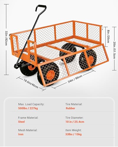 500 LBS Heavy Duty Steel Garden Cart, 3-in-1 Yard Wagon, 10" Air Tires - color: Orange, size: 500LBS