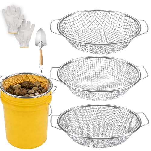 3PCS Soil Sifter 3,6,10mm Rock Sifting Screen with Handle Shovel Gloves - size: 3PCS(1/8in,1/4in,3/8in)