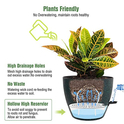 UOUZ Large Self Watering Pots, 12/10/9 Plastic Planters with High Drainage Holes and Deep Reservoir for Indoor Outdoor Garden Plants and Flowers, Black with Green Speckles - color: Black With Green Speckles