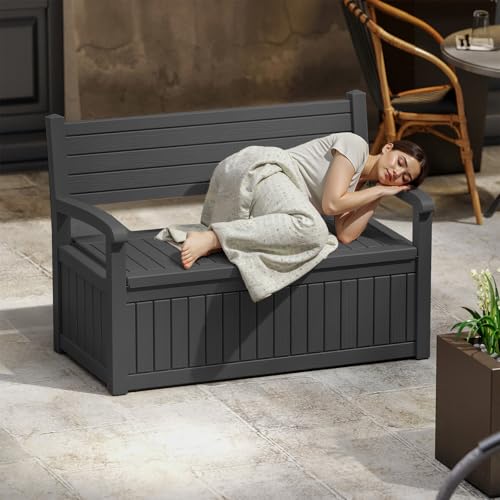 EasyUp 100 Gallon Wood-Grain Storage Bench, Waterproof & Lockable，Black - color: Black, size: 100 Gallon