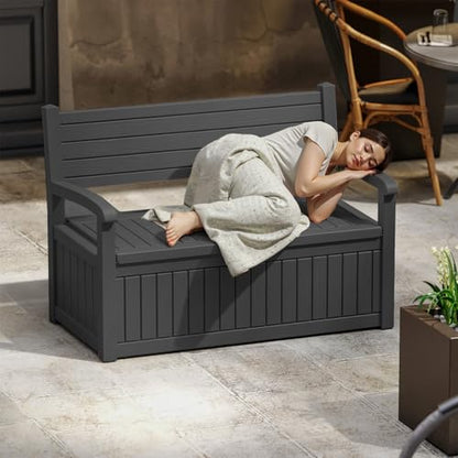 EasyUp 100 Gallon Wood-Grain Storage Bench, Waterproof & Lockable，Black - color: Black, size: 100 Gallon