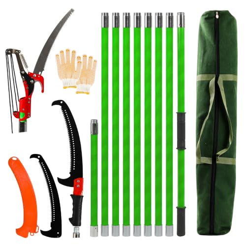 30 Ft Manual Pole Saw, Extendable Tree Pruner Pole Saw Kit with 9 Fiberglass Handles, Sharp Steel Blade and Scissors High Branch Cutting Tool for Garden Palm Shrub Fruit Tree Pruning - size: 30FT