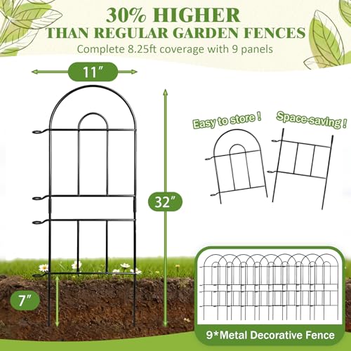 Tall Garden Fence, 32in(H) x 8.25ft(L), 9 Pack Black Metal Fence