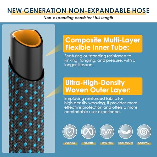 Non-Expandable Garden Hose 50 ft, Lightweight Flexible Anti-Kink - color: Blue, size: 50ft
