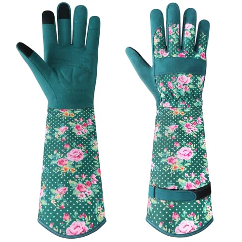 Gardening Gloves for Women, Long Garden Gloves with Grip, Thorn-Proof, Gift - color: Dark Green - Pink Flower