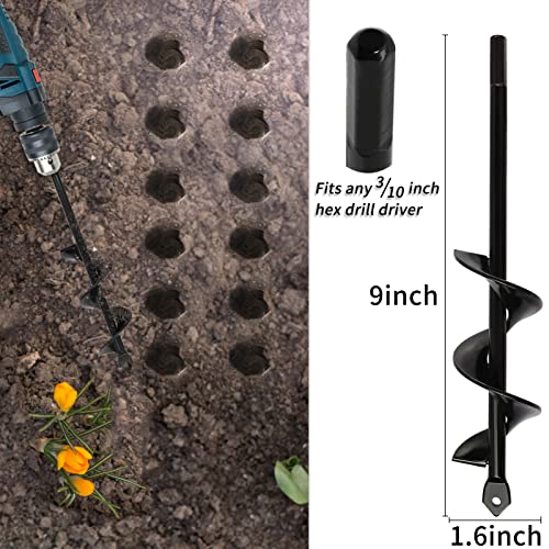 Garden Auger Drill Bit for Planting – 1.6x9 Inch Garden Auger,Rapid Planter Bulb & Bedding Plant Auger for 3/8" Hex Drive Drill – Ideal Bulb Planter Tool for Tulips - size: 1.6"x9"-Black