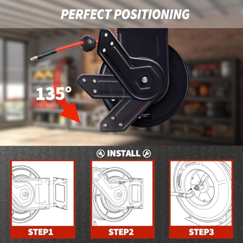 Retractable Air Hose Reel 100 FT | 300 PSI Air Compressor Hose Reel|3/8 Hybrid Polymer Hose | Heavy-Duty Steel Wall Mount Swivel Bracket|Auto Rewind | All-Weather Retractable Air Hose - Red - size: 100ft