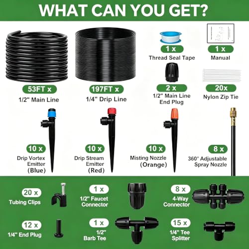 250FT Drip Irrigation System for Garden with 38pcs Adjustable Copper Nozzles & Emitters, Automatic Garden Watering System with 1/2" & 1/4" Tubing for Raised Bed, Yard, Greenhouse, Potted Plants, Lawn - size: 53FT 1/2'' Main Tube + 197FT 1/4'' Drip Tube