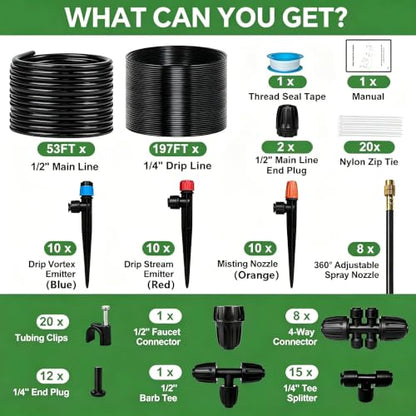 250FT Drip Irrigation System for Garden with 38pcs Adjustable Copper Nozzles & Emitters, Automatic Garden Watering System with 1/2" & 1/4" Tubing for Raised Bed, Yard, Greenhouse, Potted Plants, Lawn - size: 53FT 1/2'' Main Tube + 197FT 1/4'' Drip Tube