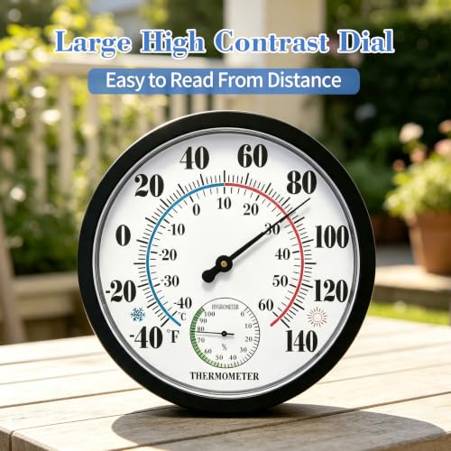 10" Indoor Outdoor Thermometer Hygrometer, Weatherproof Gauge (Black) - color: Black
