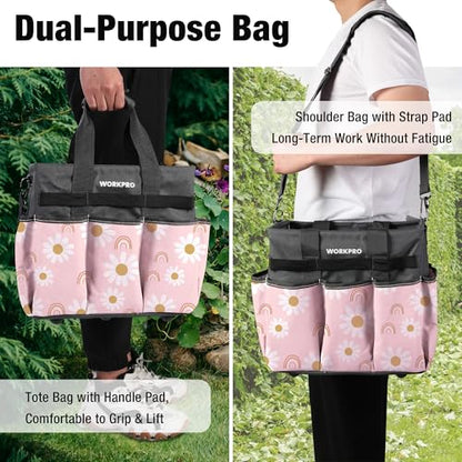 WORKPRO Garden Tool Bag, 10 Pockets and Shoulder Strap, Floral Pink - color: Floral Pink