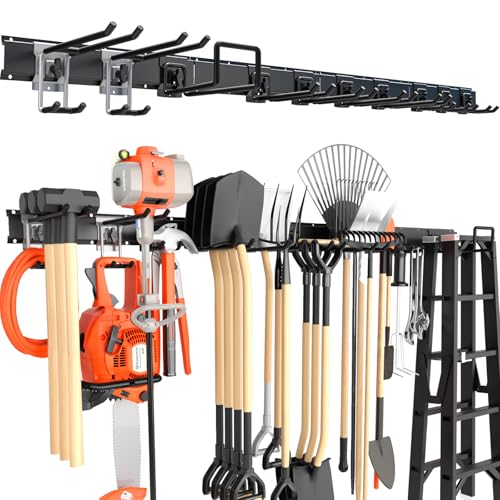 64'' Garage Tool Organizer Wall Mount, 620lbs Heavy Duty Metal Storage Rack | Adjustable Hooks Garden Tool Organization System | Anti-Rust Shed Rack for Hanging Shovel, Rake, Broom, Snowboard