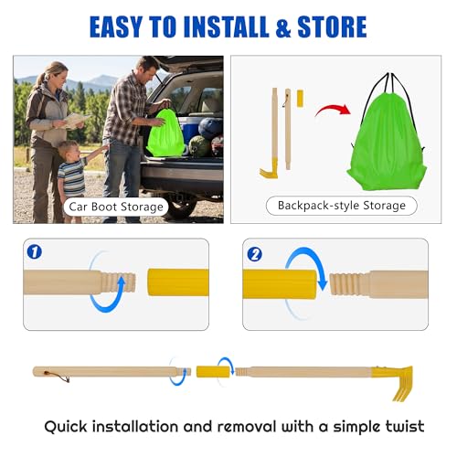 4-Piece Garden Tool Set with Shovel, Rake, Hoe, Leaf Rake - 2 Pairs of Gloves & 2 Storage Bags, Wooden Gardening Tools for Yard & Lawn Care