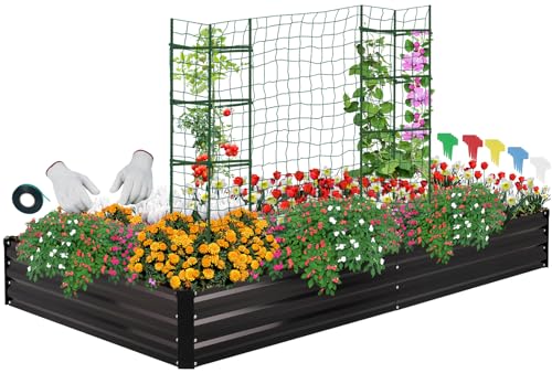 ONCEMORE Galvanized Raised Garden Bed for Vegetables Flowers Herbs, Metal Raised Garden Bed Kit with 2 PCS Tomato Cage, Gloves, Trellis Netting, Plant Labels, Plant Ties, Black 6×3×1FT - color: Black, size: 6x3x1 FT