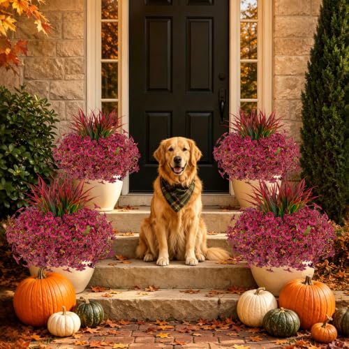 18PCS Artificial Fall Flowers Outdoors, UV Resistant Fake Mums with Grass - color: Burgundy Daisies & Violets & Grass