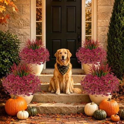 18PCS Artificial Fall Flowers Outdoors, UV Resistant Fake Mums with Grass - color: Burgundy Daisies & Violets & Grass