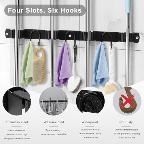 Broom Holder Wall Mount, Stainless Steel Mop Hanger with 4 Slots 6 Hooks, Tool Storage Wall Organizer for Kitchen Garden Garage Laundry Room Bathroom and RV, Black 1-Pack - color: Black-1 Pack