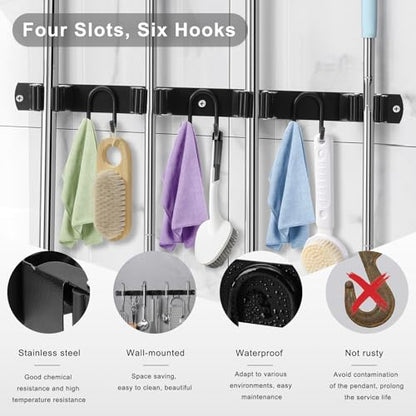 Broom Holder Wall Mount, Stainless Steel Mop Hanger with 4 Slots 6 Hooks, Tool Storage Wall Organizer for Kitchen Garden Garage Laundry Room Bathroom and RV, Black 1-Pack - color: Black-1 Pack