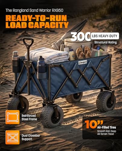 Beach Wagon with Heavy-Duty 10" Air Tires - All Terrain Folding Cart with Big Wheels for Sand and Gravel - 300 LB. Capacity (Blue) - color: Blue