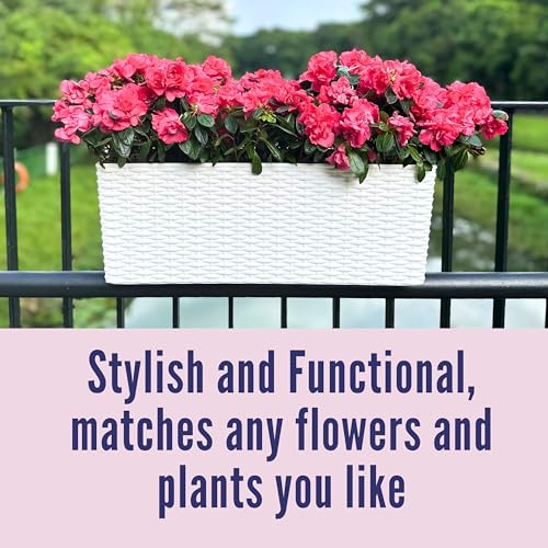 LaLaGreen Outdoor Rail Planter for Balcony (20 Inch, 2 Pack) Large White Self Watering Railing Planters with Brackets, Rectangular Plastic Fence Modern Window Boxes Designer Choice with Rattan Pattern - color: White X 2