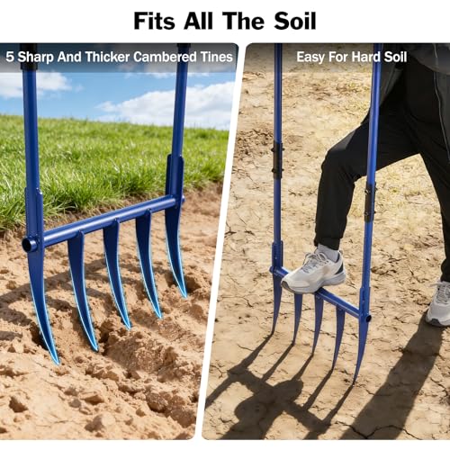 56'' Heavy Duty Broadfork for All the Soils, Detachable Design Pitchfork, 5 Sharp and Cambered 11'' Tines Bord Fork Garden Tool, Ergonomic Handles, Good Package, Easy Assembly, Blue.