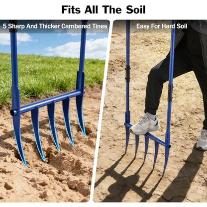 56'' Heavy Duty Broadfork for All the Soils, Detachable Design Pitchfork, 5 Sharp and Cambered 11'' Tines Bord Fork Garden Tool, Ergonomic Handles, Good Package, Easy Assembly, Blue.