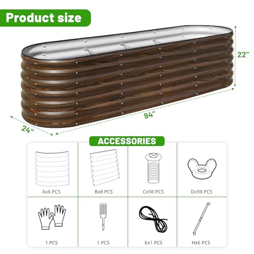 SnugNiture 8x2 ft Oval Raised Garden Bed - 22" Tall Galvanized Steel Planter Box for Vegetables, Herbs, Flowers | Easy Assembly with Support Rods, Brown - size: 8x2x2ft(1 Pack)