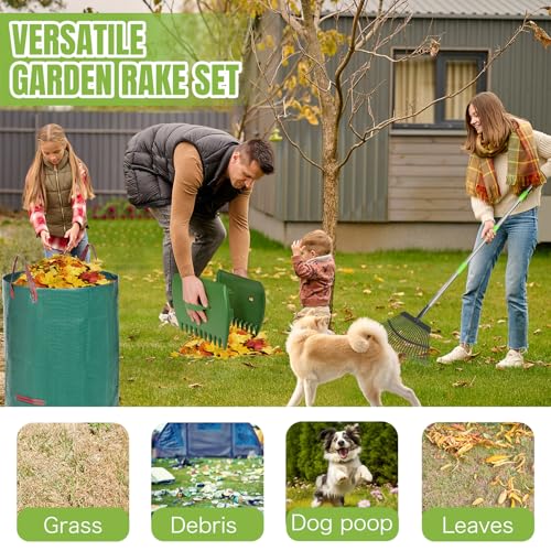 65 Inch 25 Tines Metal Leaf Rake Set with 32 Gal Bags Scoops, 18in Wide - style: Green