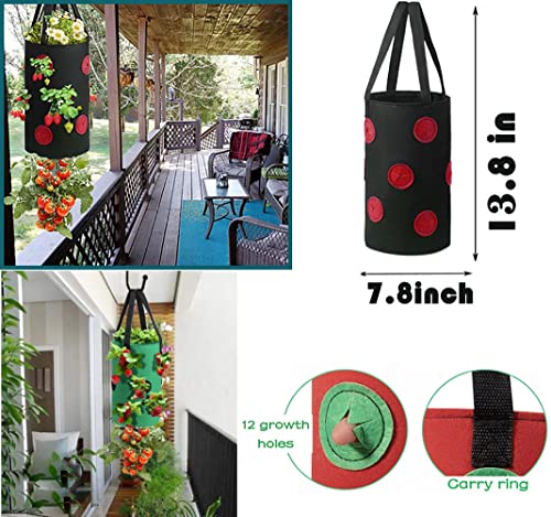 4 Pcs Hanging Strawberry Planter Bags 3 Gallon Upside Down Strawberry Planter and 4 Hooks, Sturdy Hanging Handle Thickened Breathable Felt Cloth for Herb Tomato Hot Peppers Vegetables (4Pcs 3Gal)