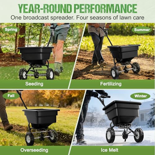 PPOLB Broadcast Spreader for Lawns, 100LB Fertilizer Spreader with 30-Level Flow Control, Walk Behind Lawn Seed & Salt Spreader, 0–10FT Coverage, Hopper Screen, Rain Cover, 12" Pneumatic Wheels - size: 100LBS