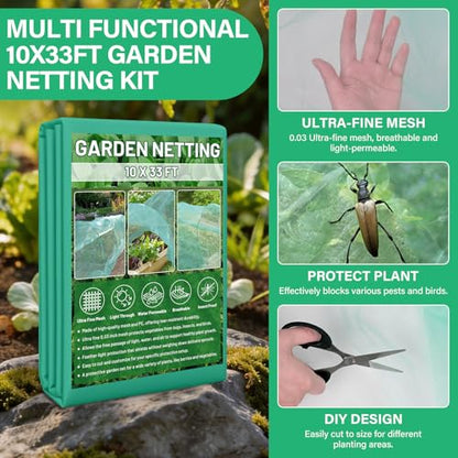 Garden Mesh Netting Kit for Raised Beds, 10x33FT Ultra Fine Mesh Netting& 6 Sets 8FT Fiberglass Garden Hoops, Insect Netting Row Cover, Pest Barrier Protection for Vegetable Fruits Flowers