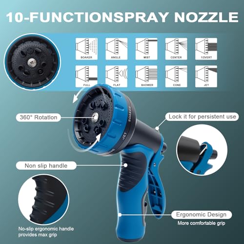 Garden Hose 50ft, Non-Expanding Water Hose Ultra Lightweight, Kink-Free Flexible Hose with 10-Pattern Nozzle, Durable & Abrasion Resistant Outdoor Hose for Yard, Lawn, Marine, RV, and Car Wash (50 FT) - size: 50 FT