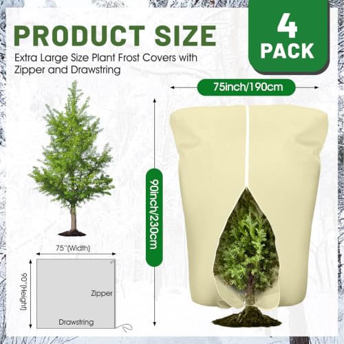 4 Pcs Plant Covers Frost Protection Bag 90"X75" Winter Reusable Plants Jacket with Zipper Drawstring Large Plant Protection Wraps Bags Frost Blanket for Winter Outdoor Garden Plants - color: Beige, size: 90 x 75 Inch（4 Pcs）