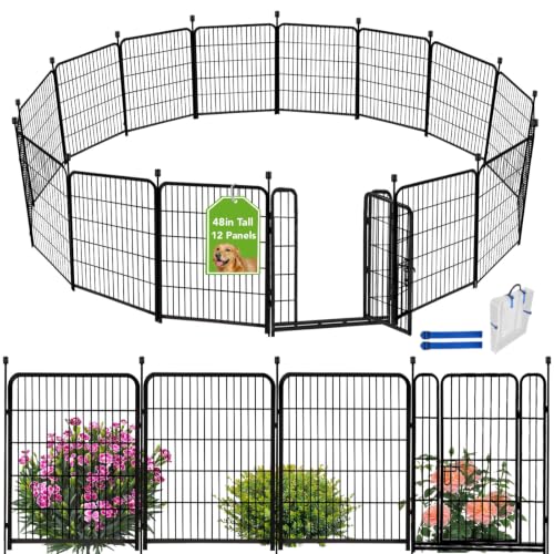 ADAVIN Tall Garden Fence 48 in(H) 12 Panels Total 26.6 FT(L), Heavy Duty Iron Metal Fence and Border, Flower Bed Fencing, outdoor Animal Barrier Fences, Dog Fences with gate for the Yard Camping,Black - size: 12panels-48in(H)×26.6ft(L)