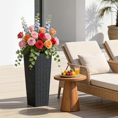 Festnight 24in Tall Planters for Outdoor Plants, Outside Black Planters Set of 2, Resin Front Porch Planters, Outdoor Planters for Porch Backyard Patio, Garden Flower Pots, 11.69x11.69x32.28in - size: 8.94x8.94x23.82in