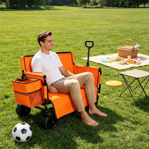 Collapsible Beach Wagon Cart - with Bench Seat & Ice Pack 500 lbs - color: Orange, size: 7"