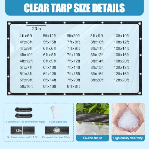 Clear Tarps Heavy Duty Waterproof 5x7ft Clear Vinyl Tarp 14mil Clear Tarp with Grommets Thickened Tear-Resistant Clear Tarps for Outdoor Porches Enclosure Chicken Coop Greenhouse Patio - size: 5x7FT