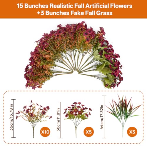 18PCS Artificial Fall Flowers Outdoors, UV Resistant Fake Mums with Grass - color: Burgundy Daisies & Violets & Grass