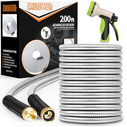 Unywarse Garden Hose 200FT Metal Water Hose with 10 Function Nozzle No-Kink - size: 200ft