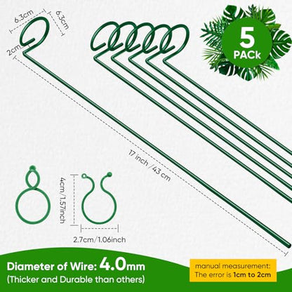 HiGift 17 inch Plant Support Stakes, 4mm Thick Garden Single Stem Flower Support Stake Amaryllis Plant Cage Support Rings with 10 pcs Plant Clips for Tomato Orchid Lily Peony Rose Flower Stem-5 Pack - size: 17 Inch-5 Pack