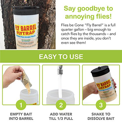 Flies Be Gone Fly Trap - Disposable Protein-Powered Attractant Fly Catcher - Made in USA - Natural Bait Trap for Patios, Ranches; Easy to Use Outdoor Trap, Keeps Flies from Coming Indoors.