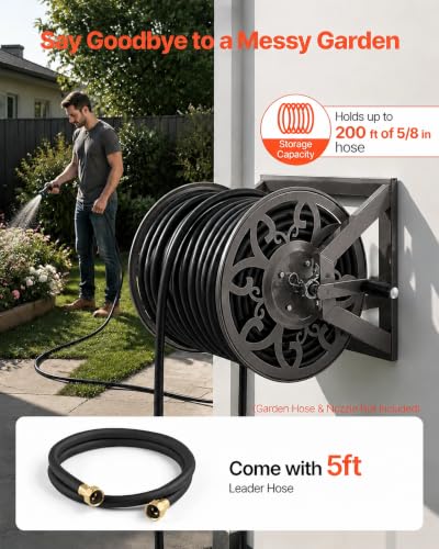 Wall Mounted Garden Hose Reel – Holds 200 ft 5/8" Hose, Heavy-Duty Steel Manual Winder, with Brass Connector, 5ft Leader, Decorative Pattern, Space Saver, Gray Finish, for Outdoor Gardens & Lawns.