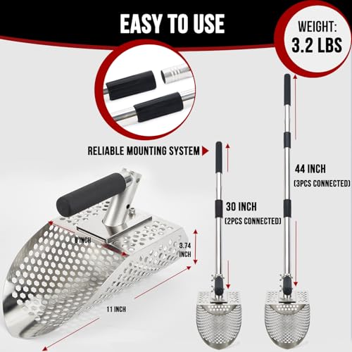 Sand Scoop for Metal Detecting, Stainless Steel Metal Detector Scoop with Long Steel Handle, Sand Sifter for the Beach, Metal Detector Accessories, Metal Detecting Shovel, Sand Flea Rake for Beach - style: Sand Scoop with Stainless Steel Handle