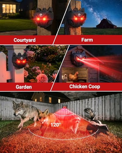 Solar Coyote Deterrent Predator Lights - Nocturnal Animal Repeller with Red LED Flashing Lights for Chicken Coop, Yard & Garden Protection Against Raccoons, Foxes, Deer, Skunks, Hawks