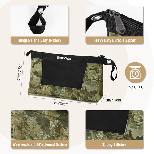 WORKPRO 12" Tool Pouches with Zipper, Heavy-Duty Small Tool Bag, Utility small tool pouch for Tool Organizers and Storage, Mini Tool Bag, 3 Pack, Camo - color: Camo